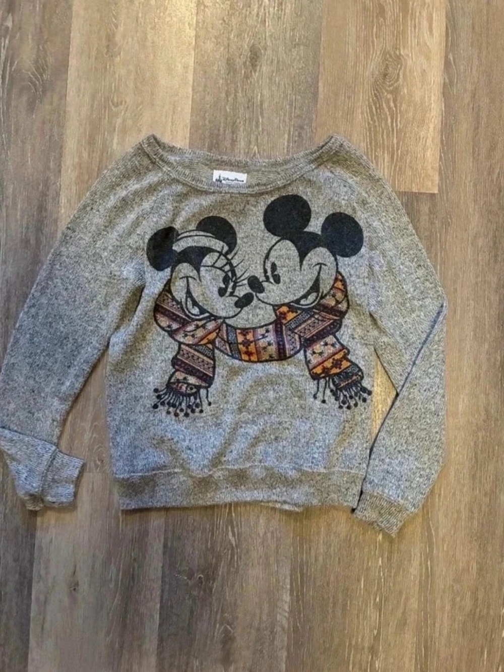 Women's Disney Parks Grey Mickey & Minnie Graphic Pullover Sweater Size XS